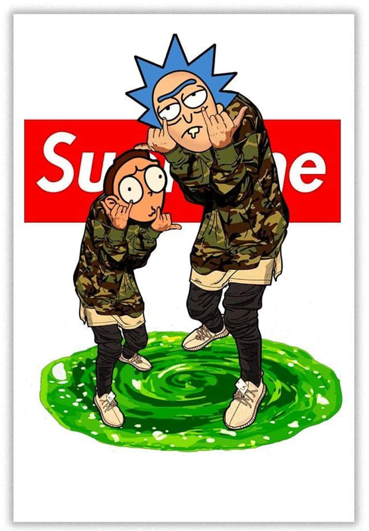 Join Rick And Morty As They Explore The Multiverse Wearing Supreme Wallpaper