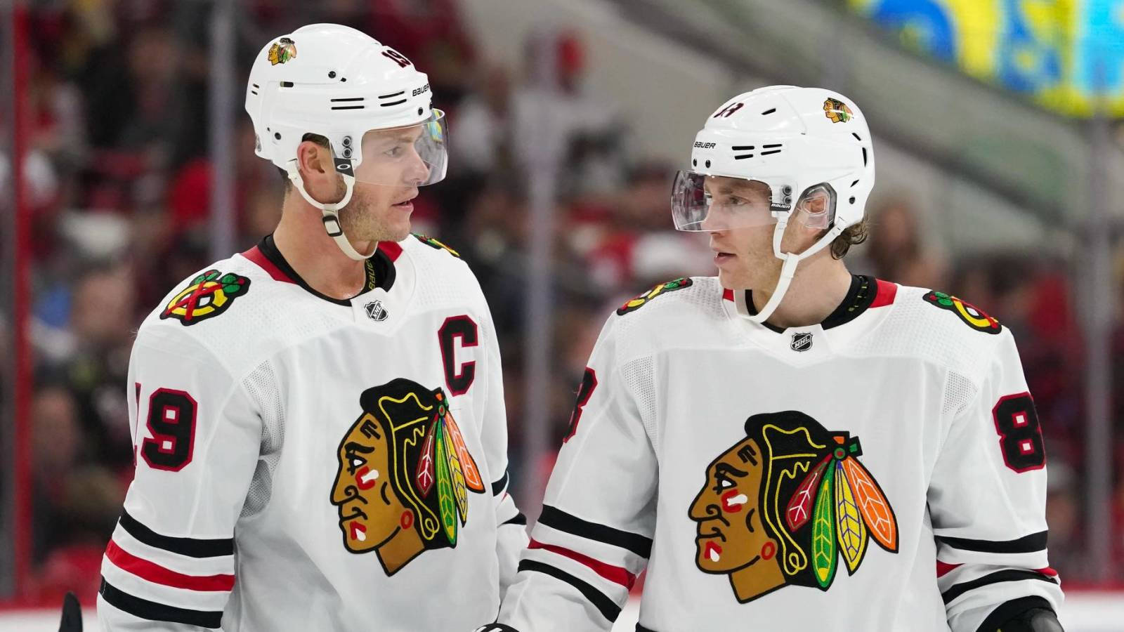 Jonathan Toews And Patrick Kane Celebrating A Win Wallpaper