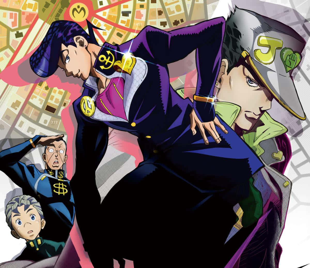 Josuke Higashikata Striking A Confident Pose In A Colorful Illustration Wallpaper