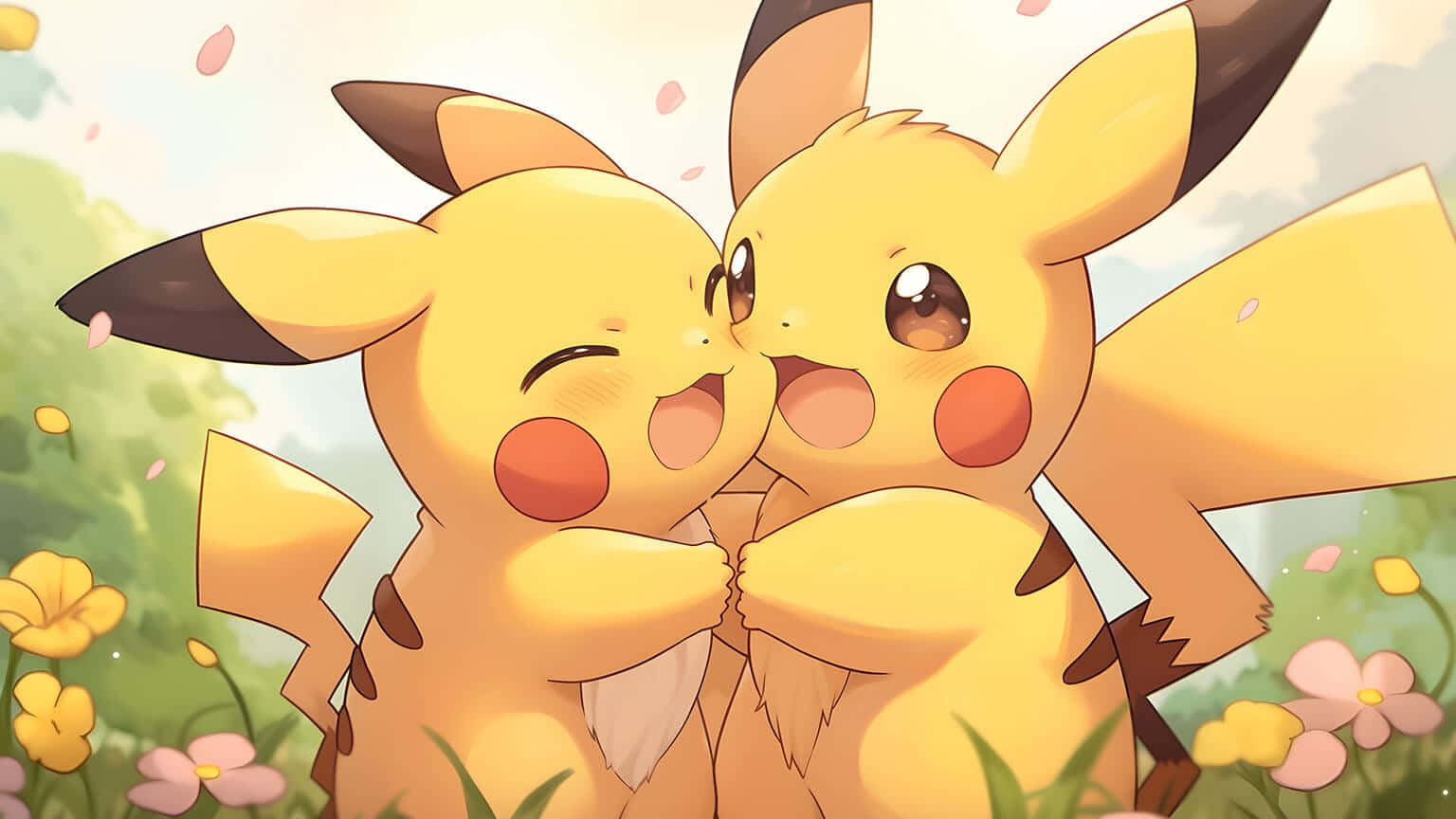 Joyful_ Pikachu_ Pair_ Springtime Wallpaper