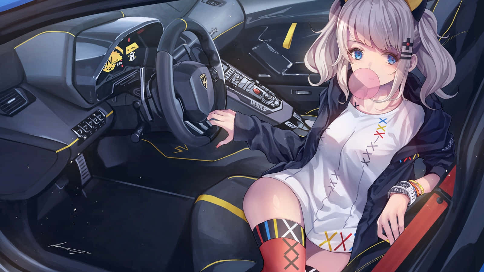 Kaguya Luna In Car With Gum Bubble Anime Wallpaper