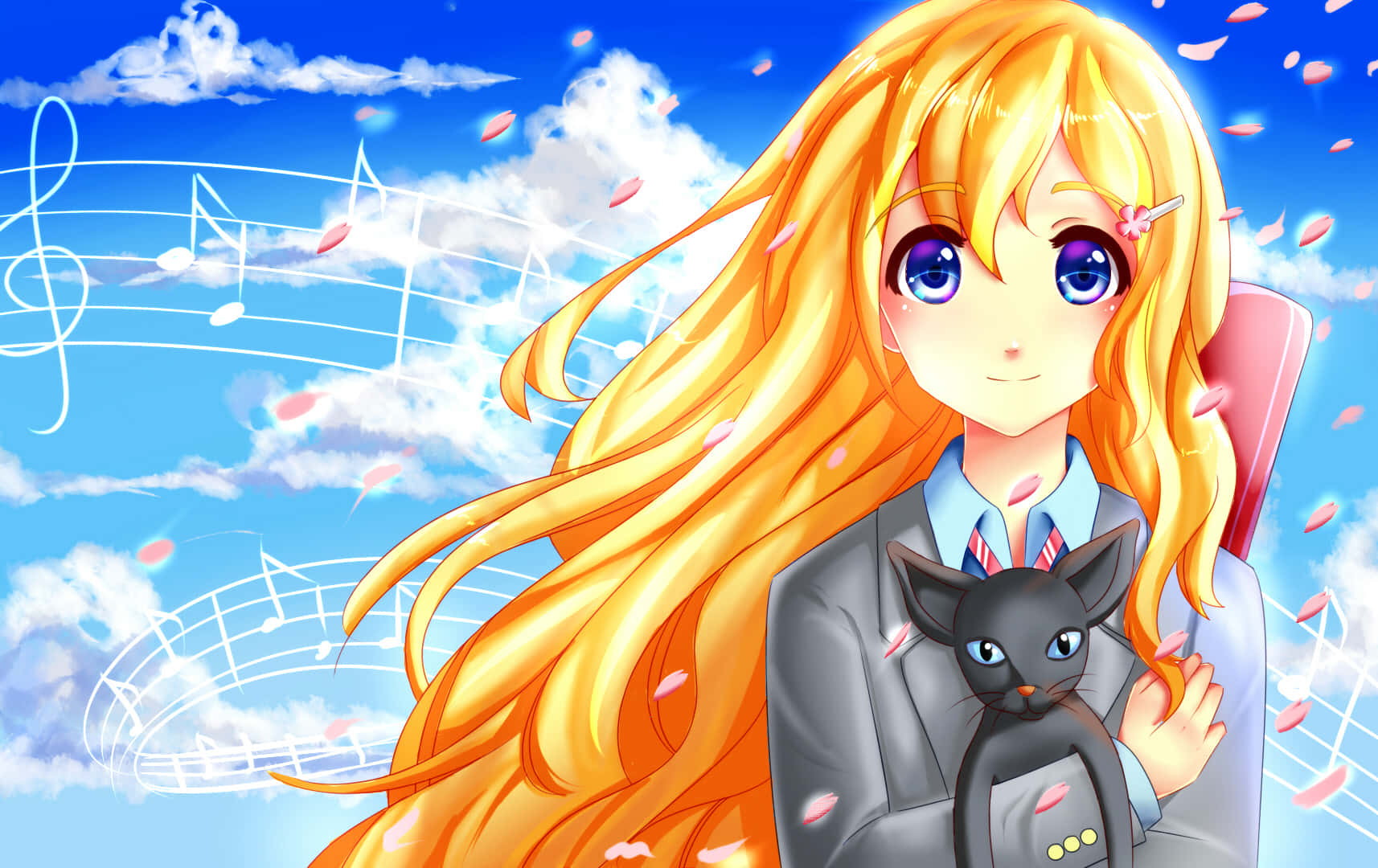 Kaori Miyazono Anime Character With Cat Wallpaper