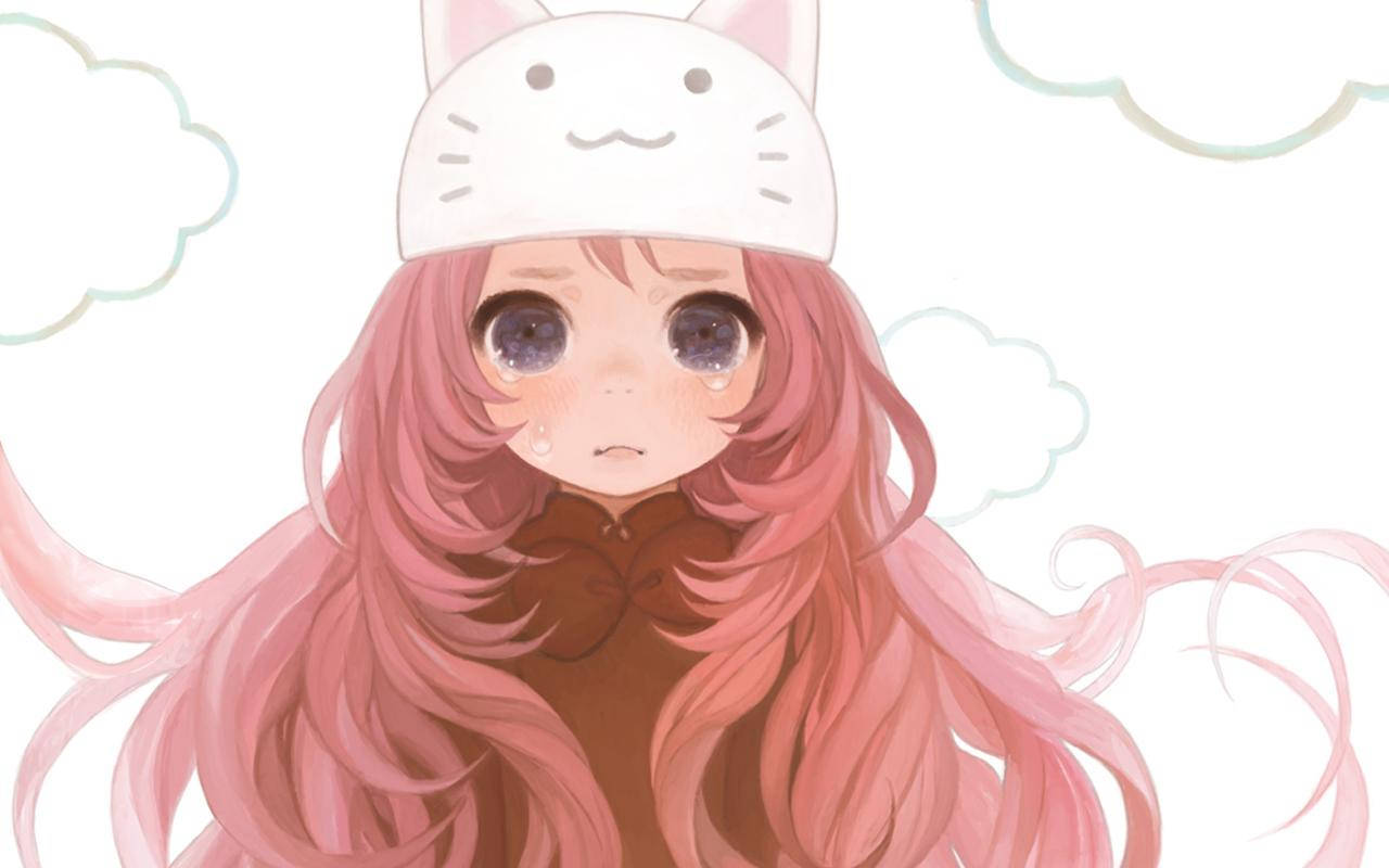 Kawaii Anime Girl Crying With Cat Hat Wallpaper