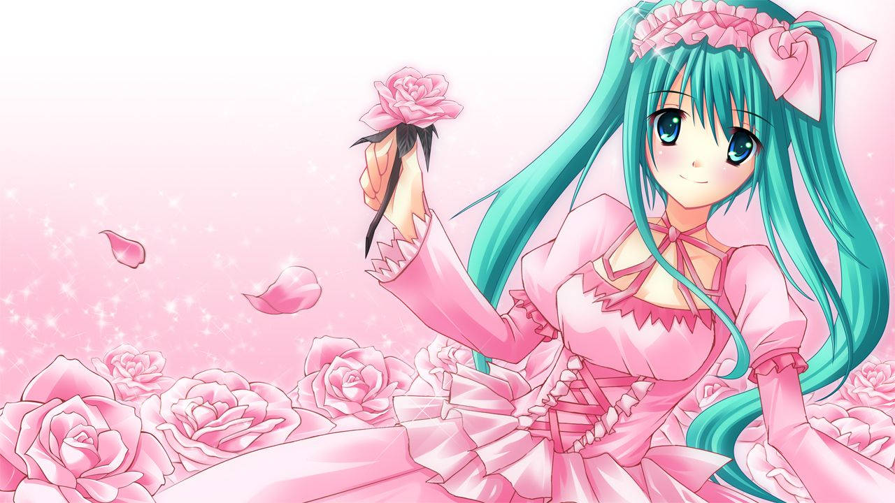 Kawaii Anime Hatsune Miku With Pink Dress And Roses Wallpaper