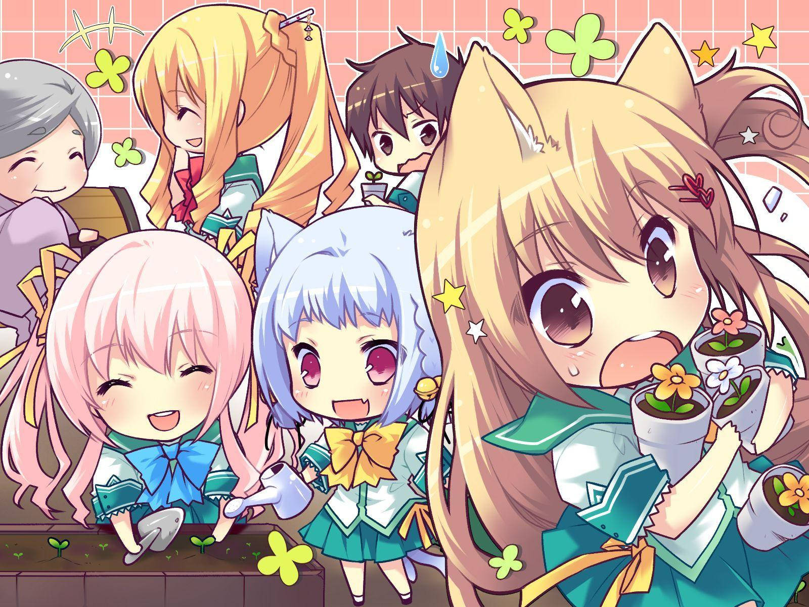 Kawaii Anime Students Doing Gardening Wallpaper