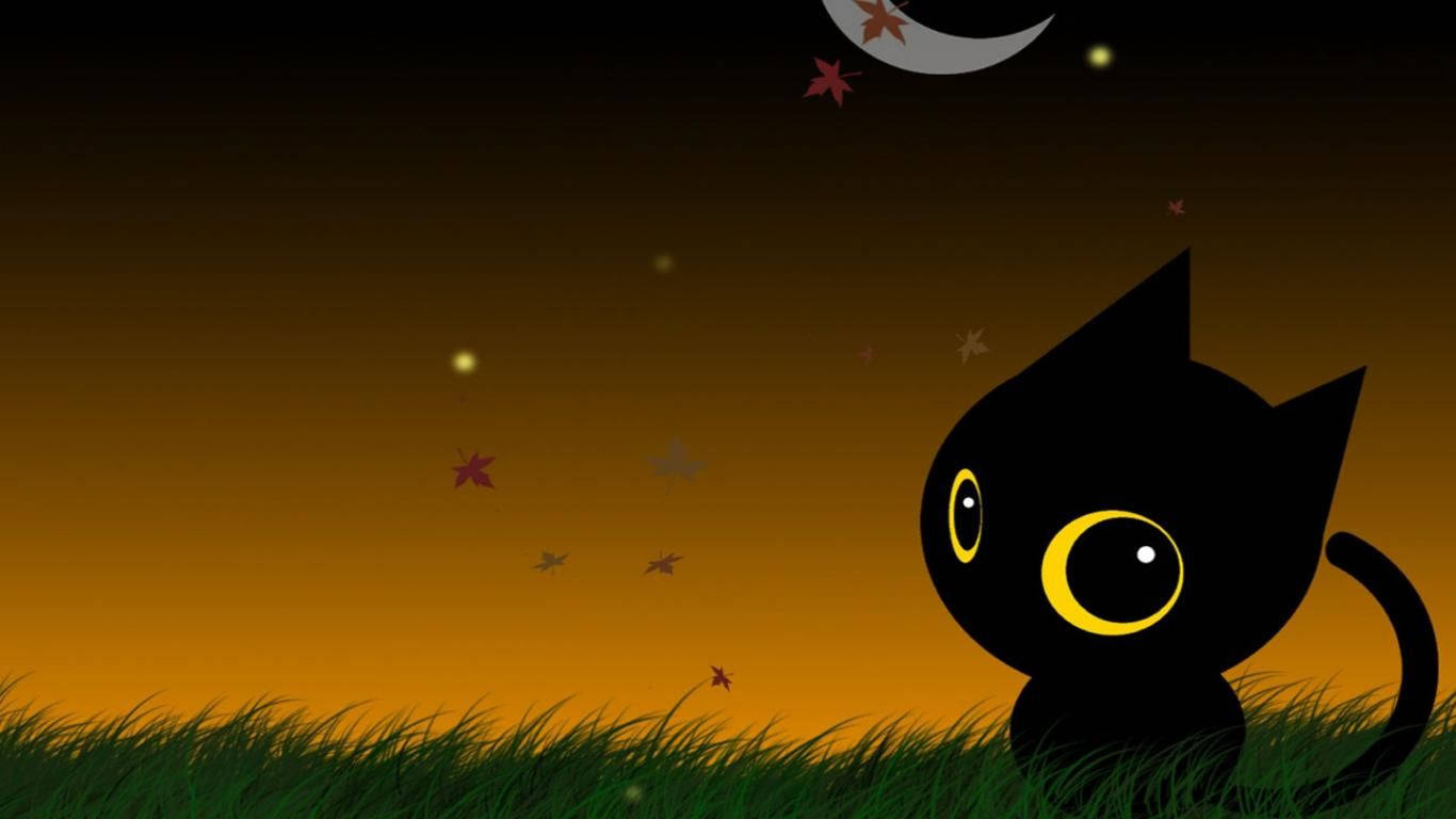 Kawaii Halloween Cat On Grass Wallpaper