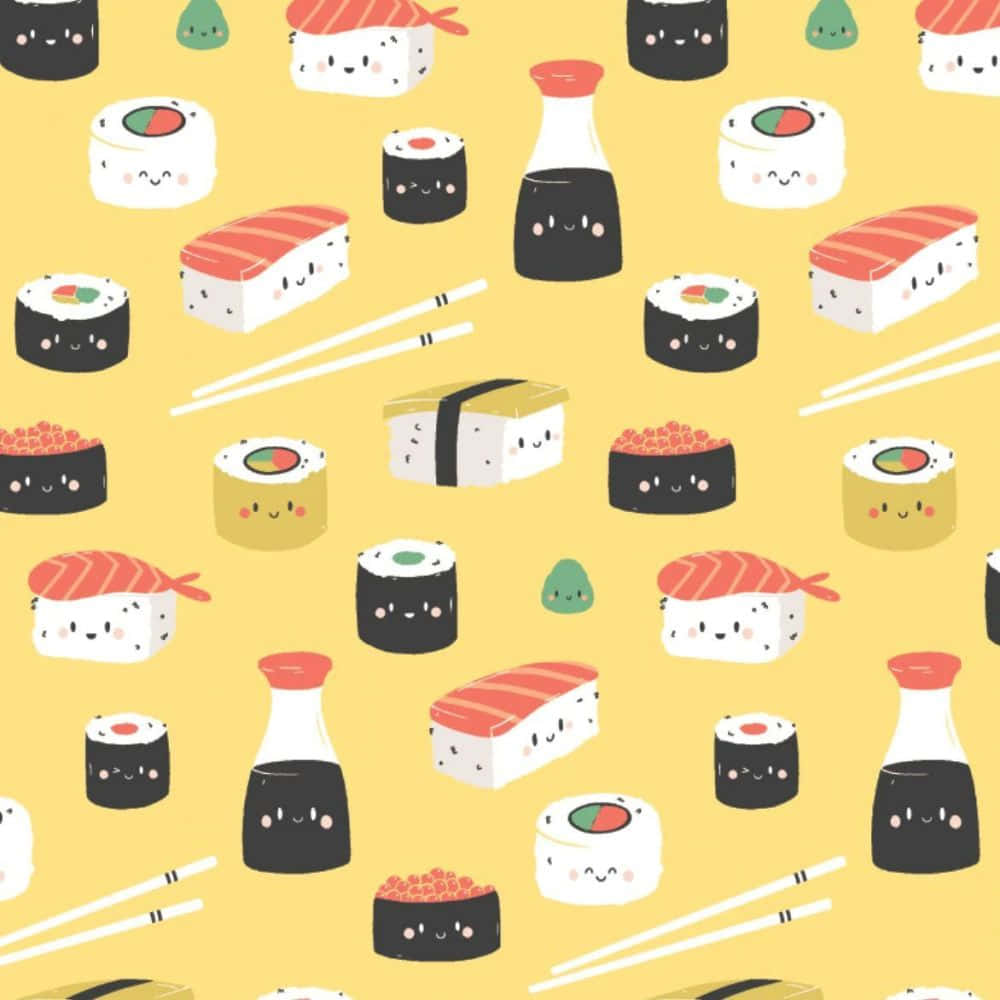 Kawaii Japanese Food On Pink Background Wallpaper