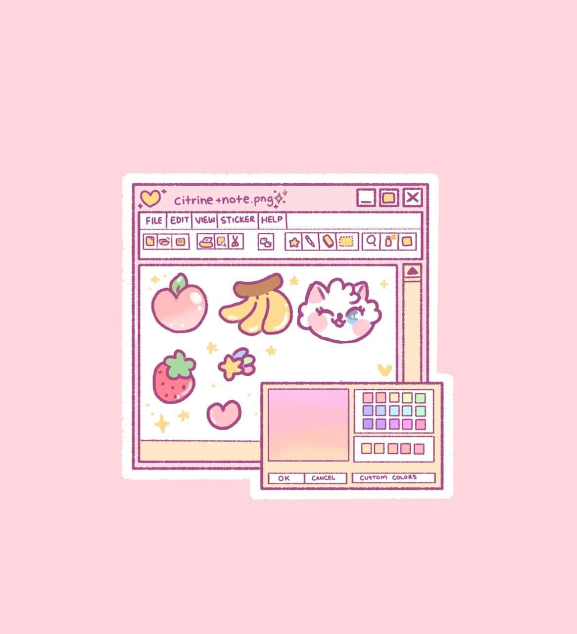 Kawaii Pink Aesthetic Fruits And Cat Wallpaper