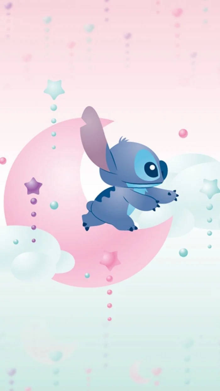 Kawaii Stitch On Pink Moon Wallpaper