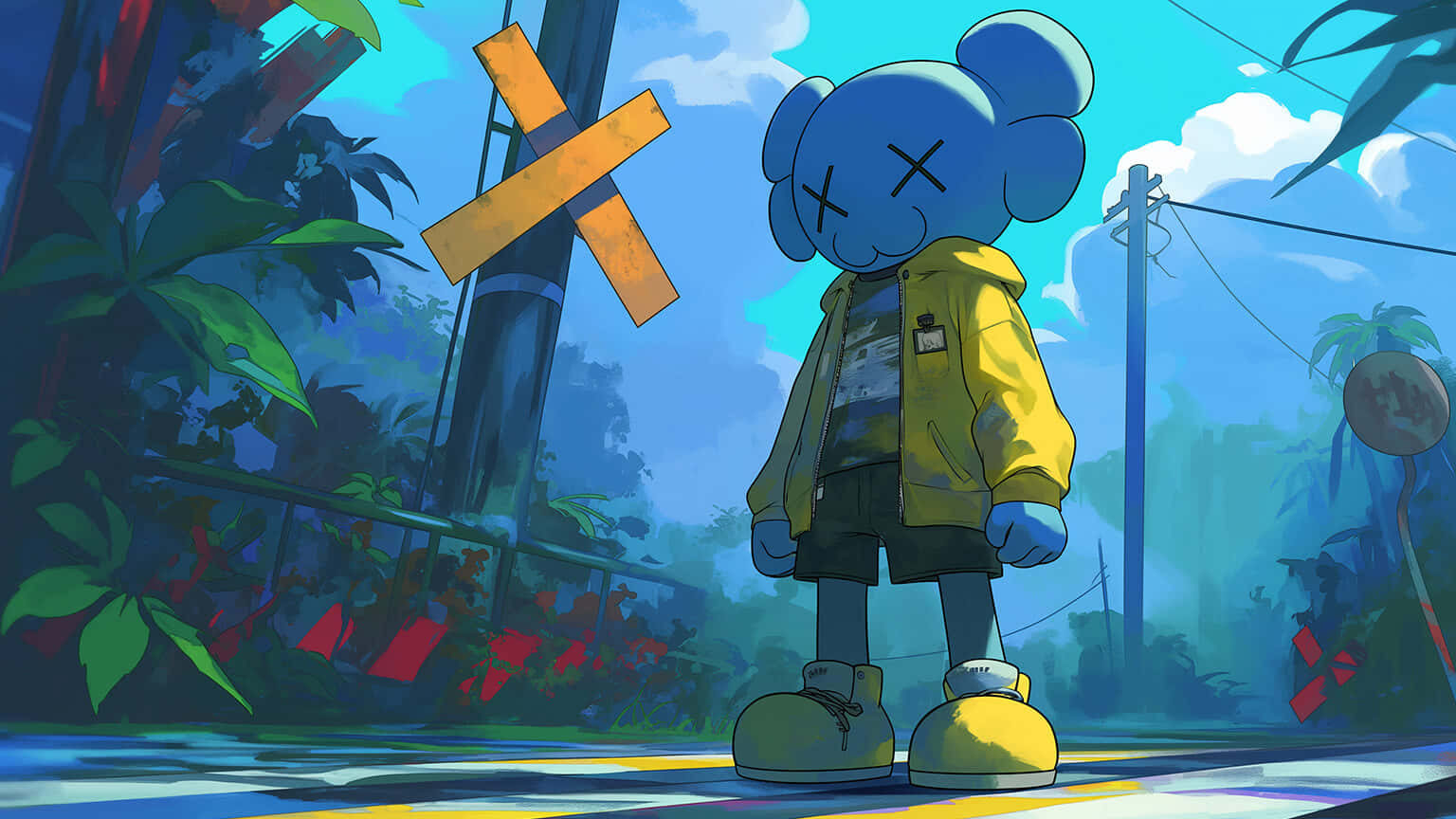 Kaws Character Urban Crosswalk Wallpaper