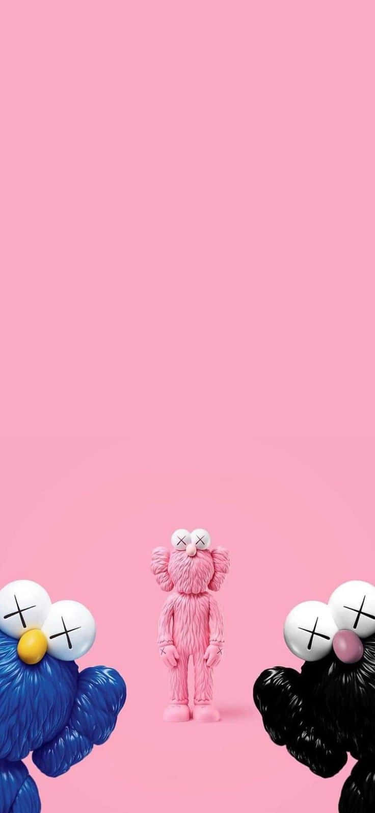 Kaws Companion Flankedby B F Fs Pink Backdrop Wallpaper