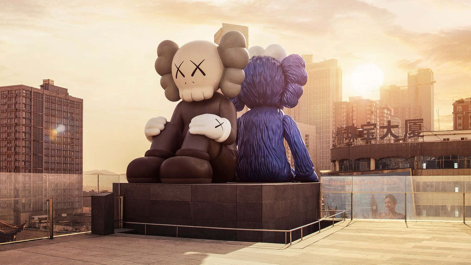 Kaws Companion Sculptures Urban Sunset Wallpaper