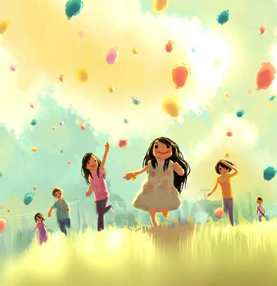 Kids Playing Balloon Cute Girly Ipad Wallpaper