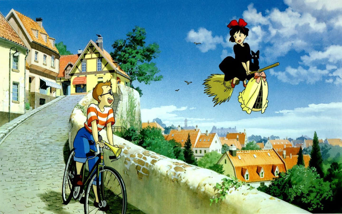 Kiki Flying High With Her Cat Jiji In The Vibrant Sky Wallpaper