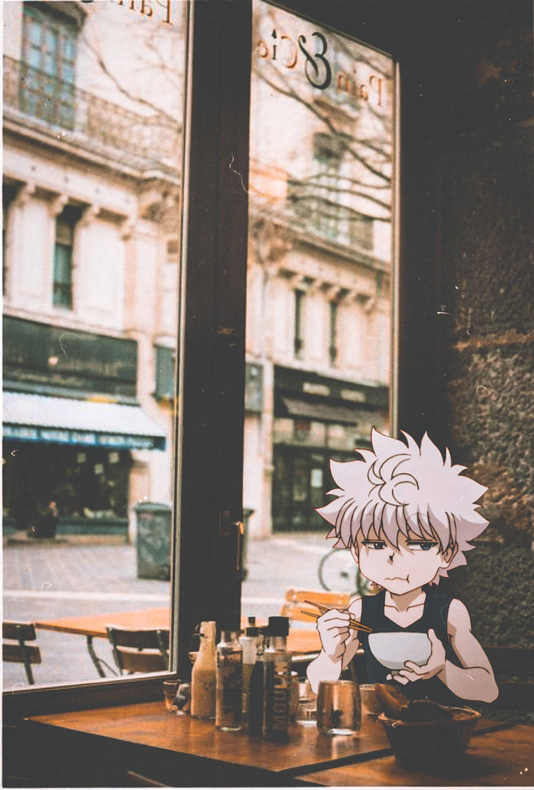 Killua Zoldyck Eating At A Cafe Wallpaper