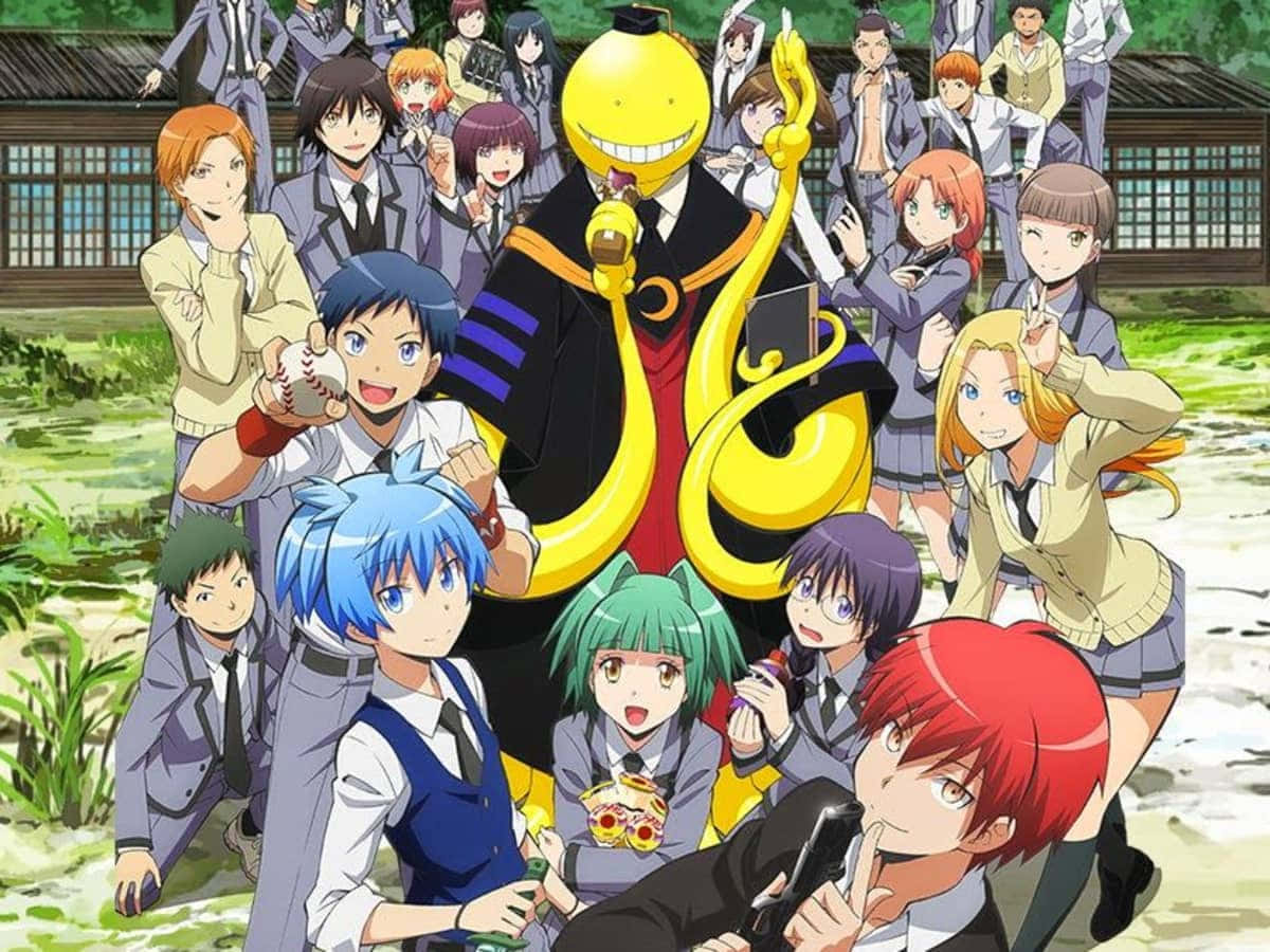 Koro Sensei Smiling Mysteriously In Front Of Classroom Wallpaper