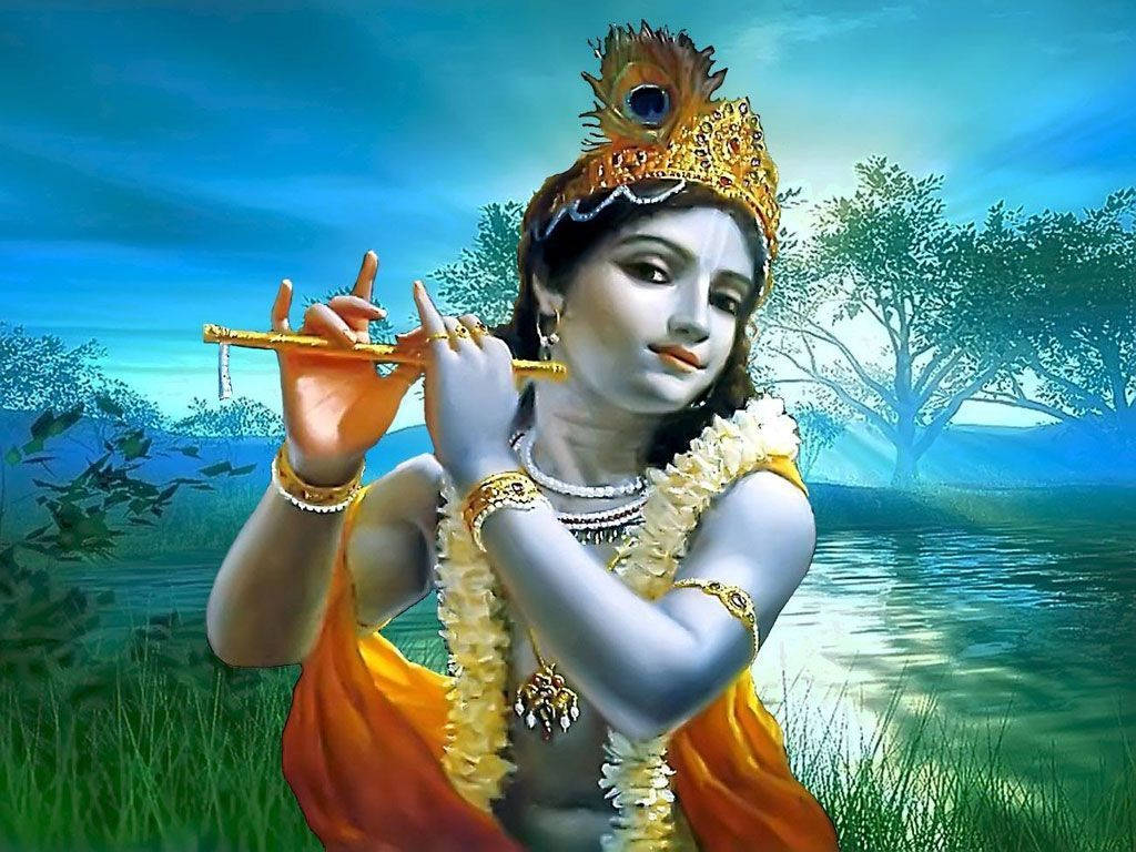 Krishna Bhagwan Playing Flute By The Lake Wallpaper