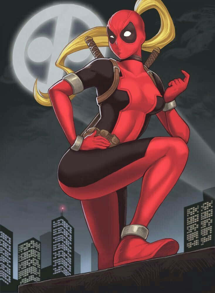 Lady Deadpool Striking A Pose In Her Iconic Red And Black Suit Wallpaper