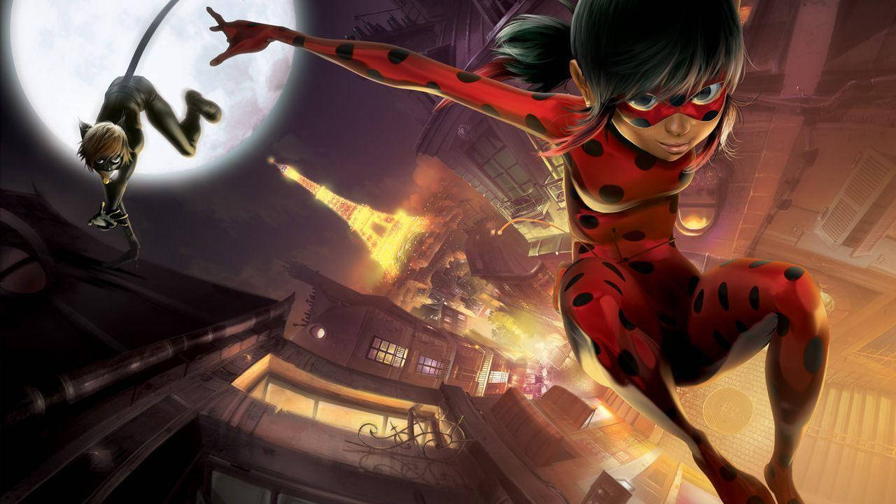 Ladybug And Cat Noir Leaping Through Paris Wallpaper