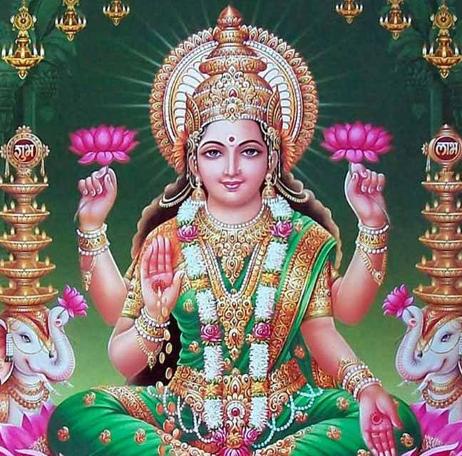 Lakshmi Devi Green Background Wallpaper