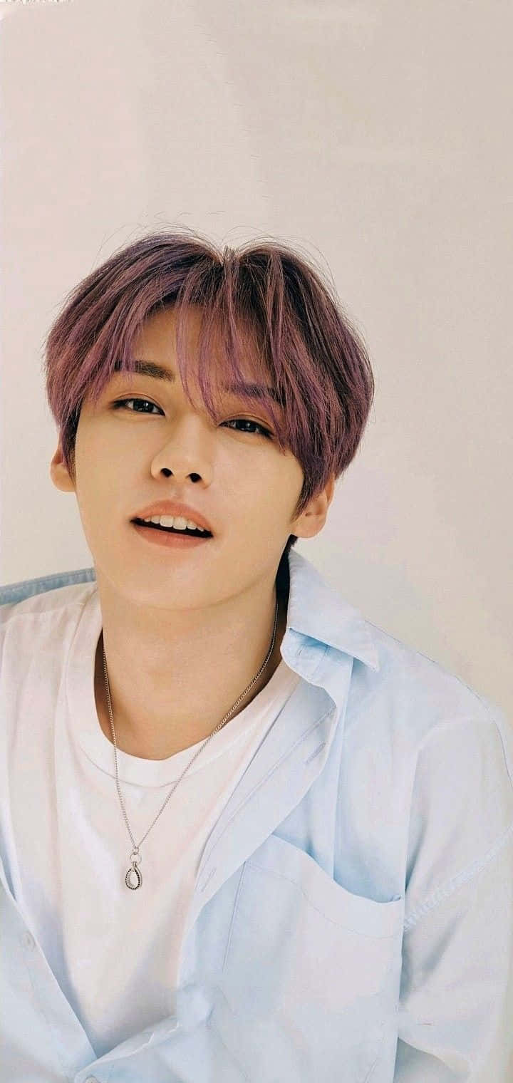 Lee Know Purple Hair Portrait Wallpaper