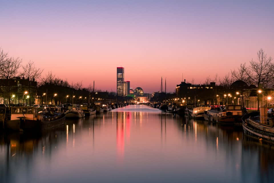 Leeuwarden Waterfront Dusk Skyline Wallpaper