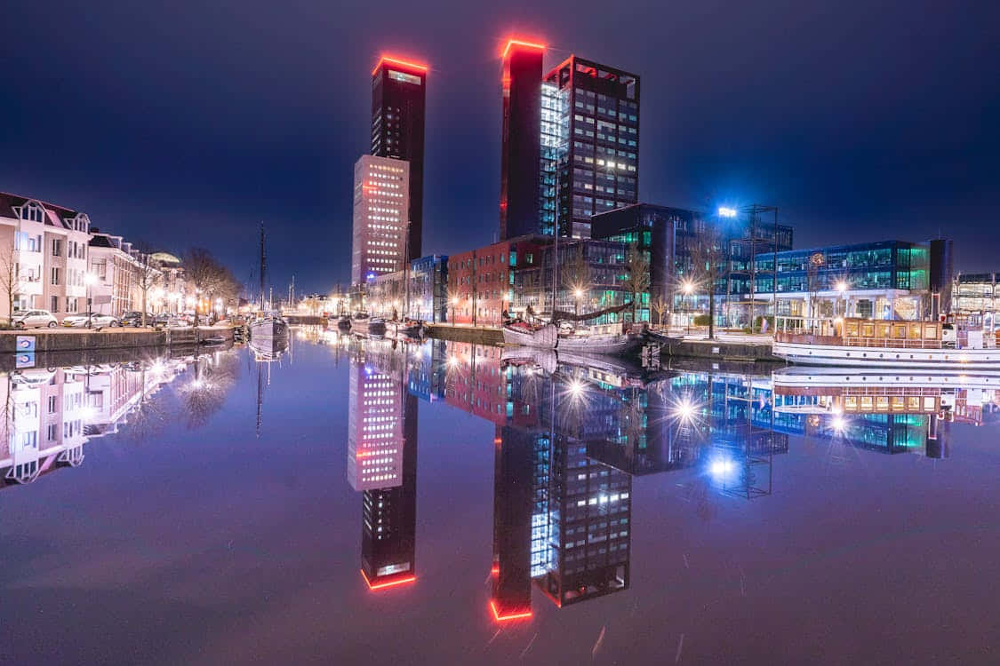 Leeuwarden Waterfront Night Lights Wallpaper