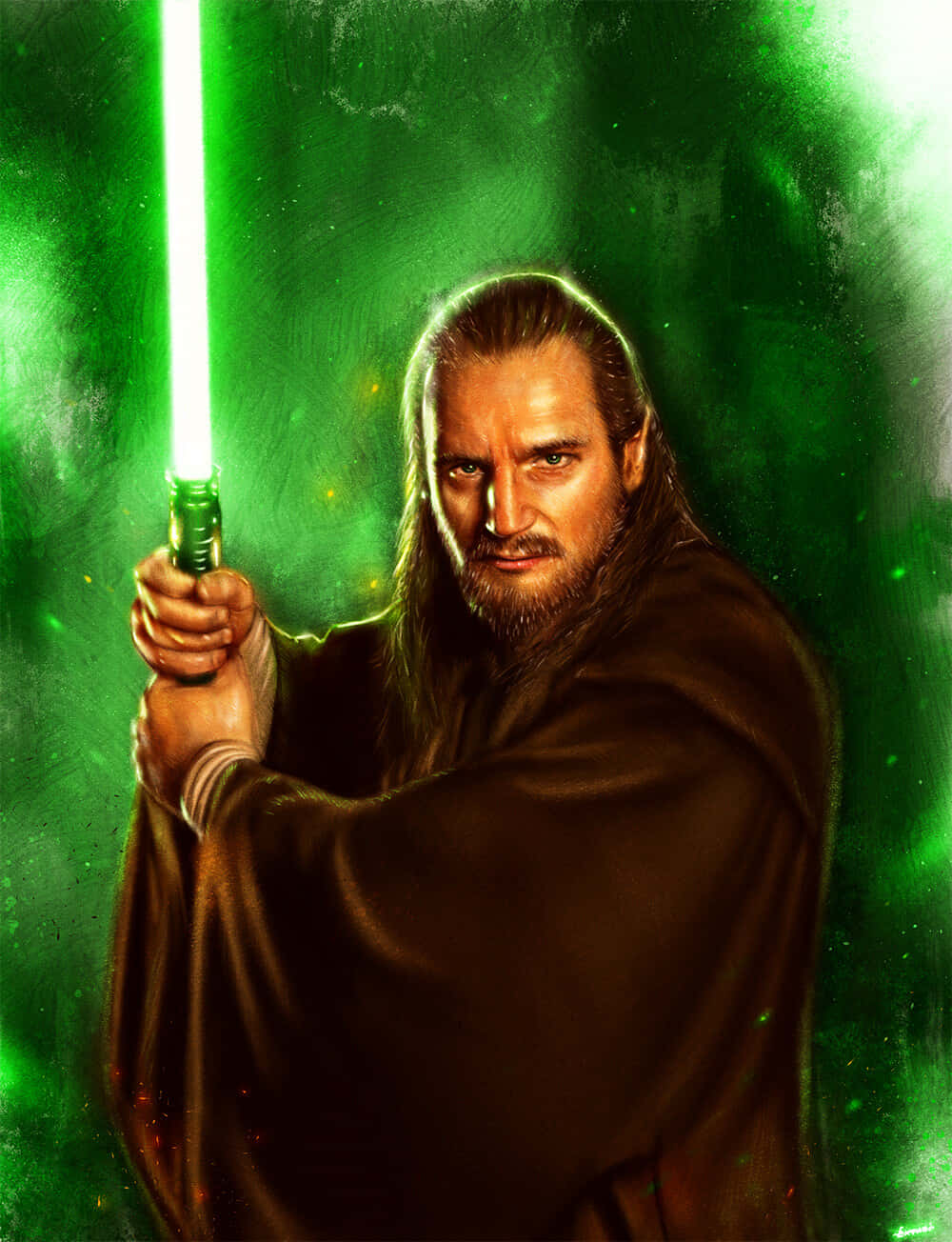 Legendary Jedi Master, Qui-gon Jinn, In Action With His Green Lightsaber Wallpaper