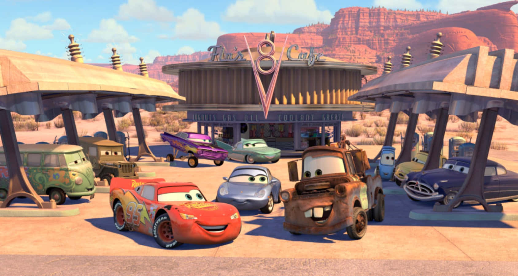 Lightning Mcqueen And Friends In Radiator Springs Wallpaper