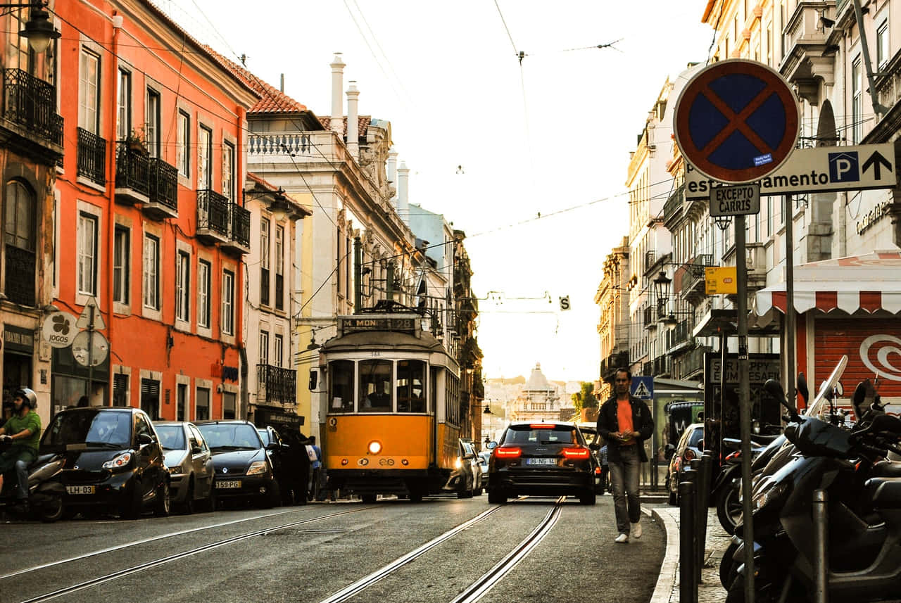 Lisbon Tram Street Scene Wallpaper