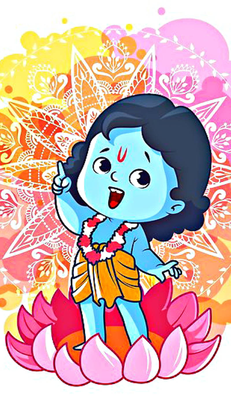 Little Krishna Colorful Flower Wallpaper