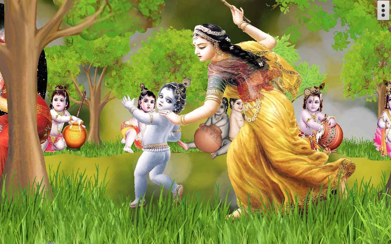 Little Krishna Hd Chased By Mother Wallpaper