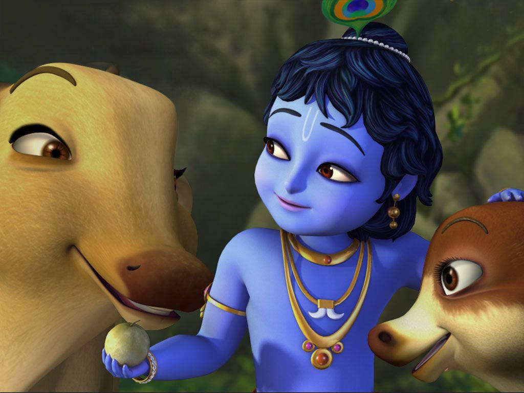 Little Krishna Hd Cow And Deer Wallpaper