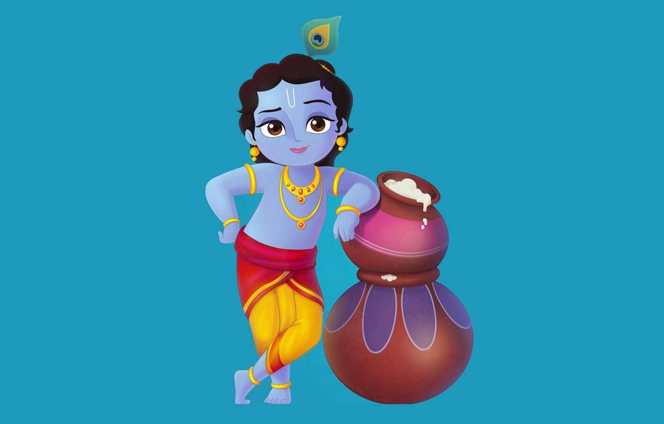 Little Krishna Hd Leaning On Pots Of Butter Wallpaper