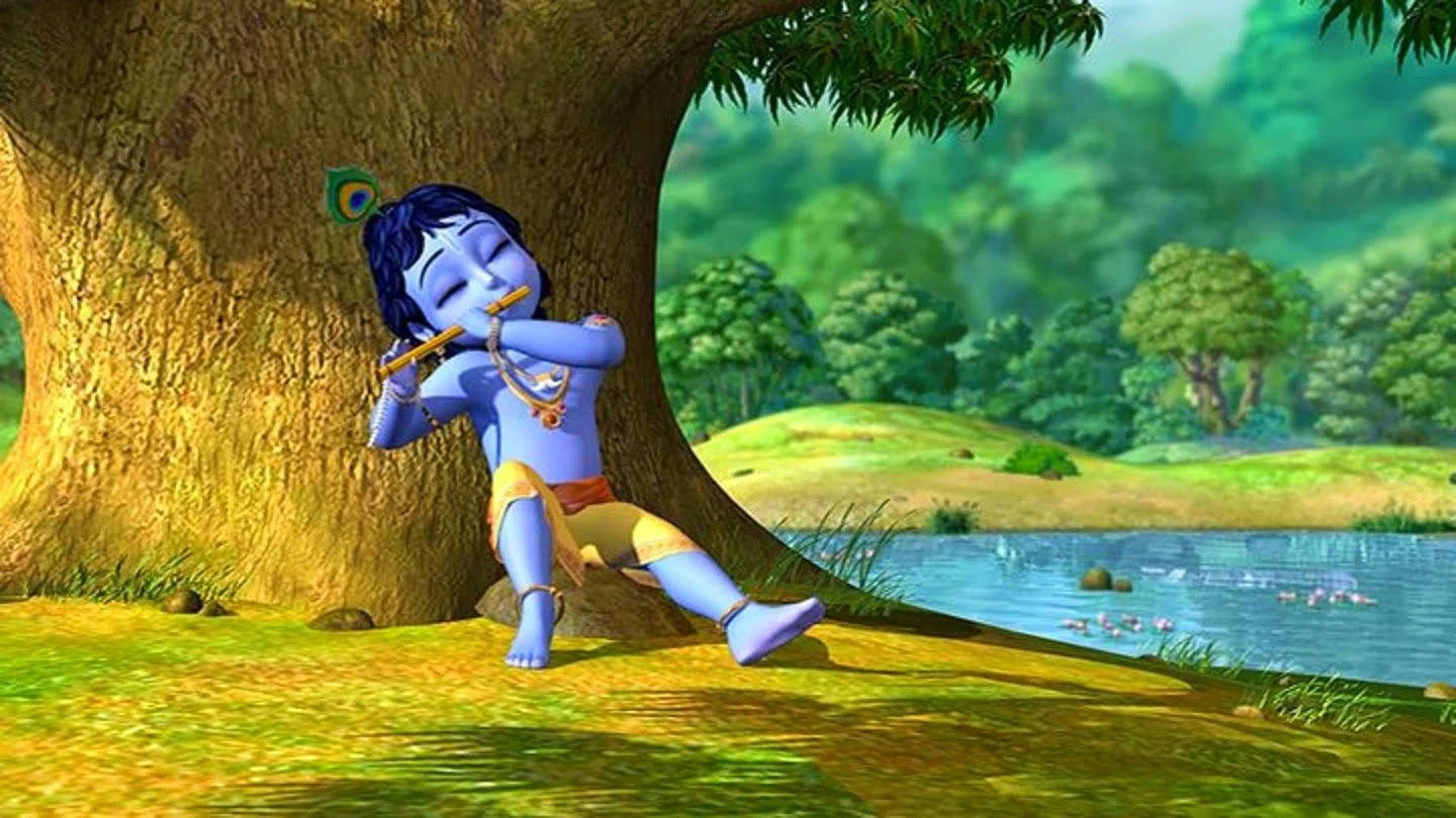 Little Krishna With Big Tree Wallpaper