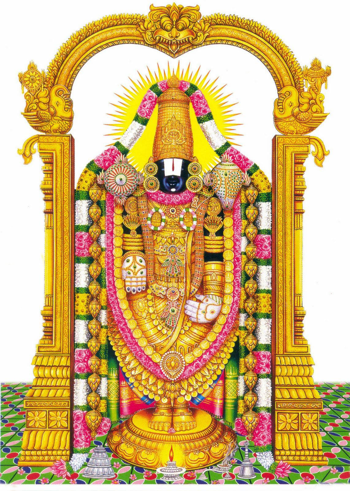 Lord Venkateswara On Green Tiled Floor Wallpaper