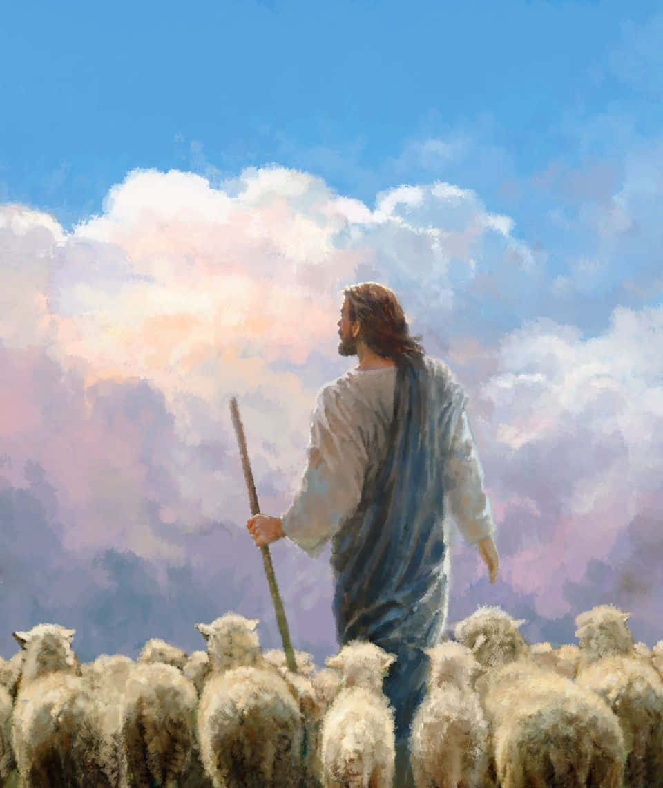 Loving Shepherd Jesus With His Flock Wallpaper