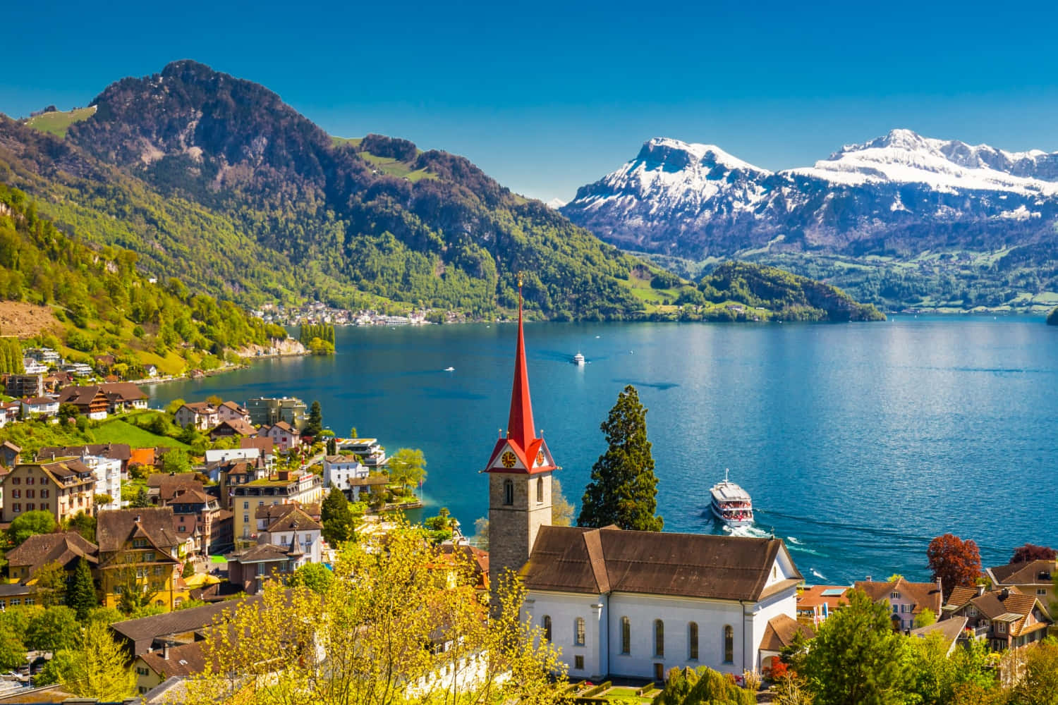 Lucerne Lake Village Church Switzerland Wallpaper