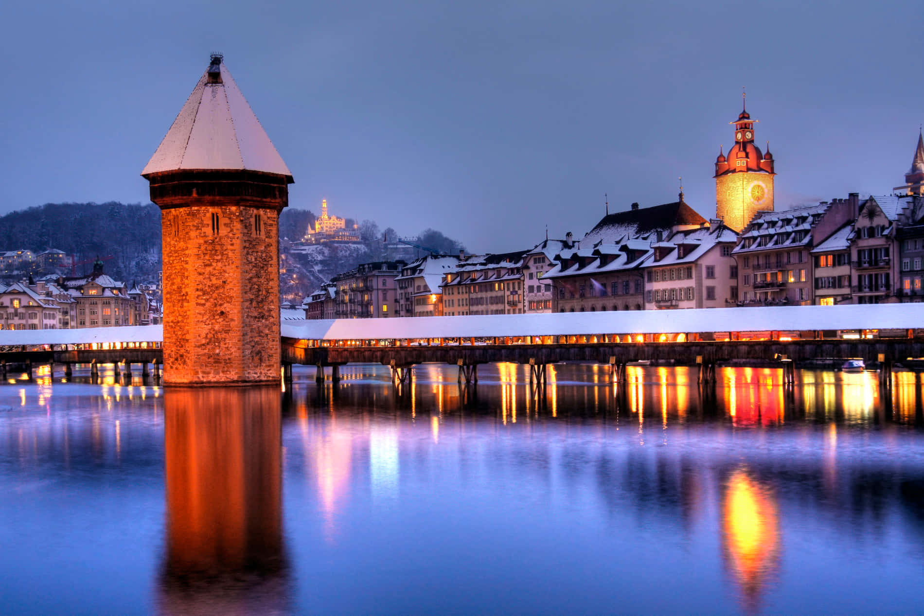 Lucerne Water Towerand Chapel Bridgeat Dusk Wallpaper