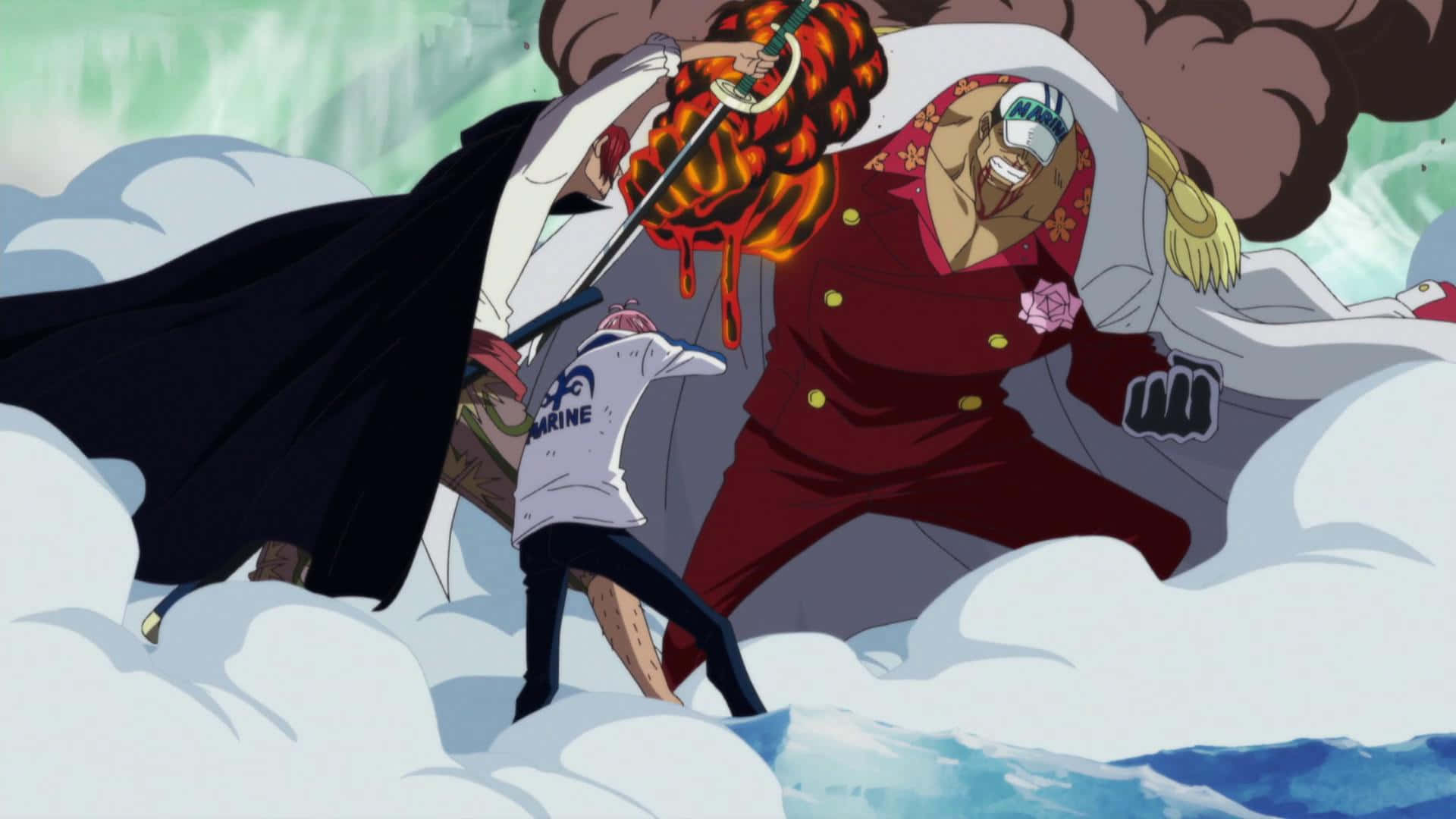 Luffy Confronting Admiral Akainu At Marineford War Wallpaper