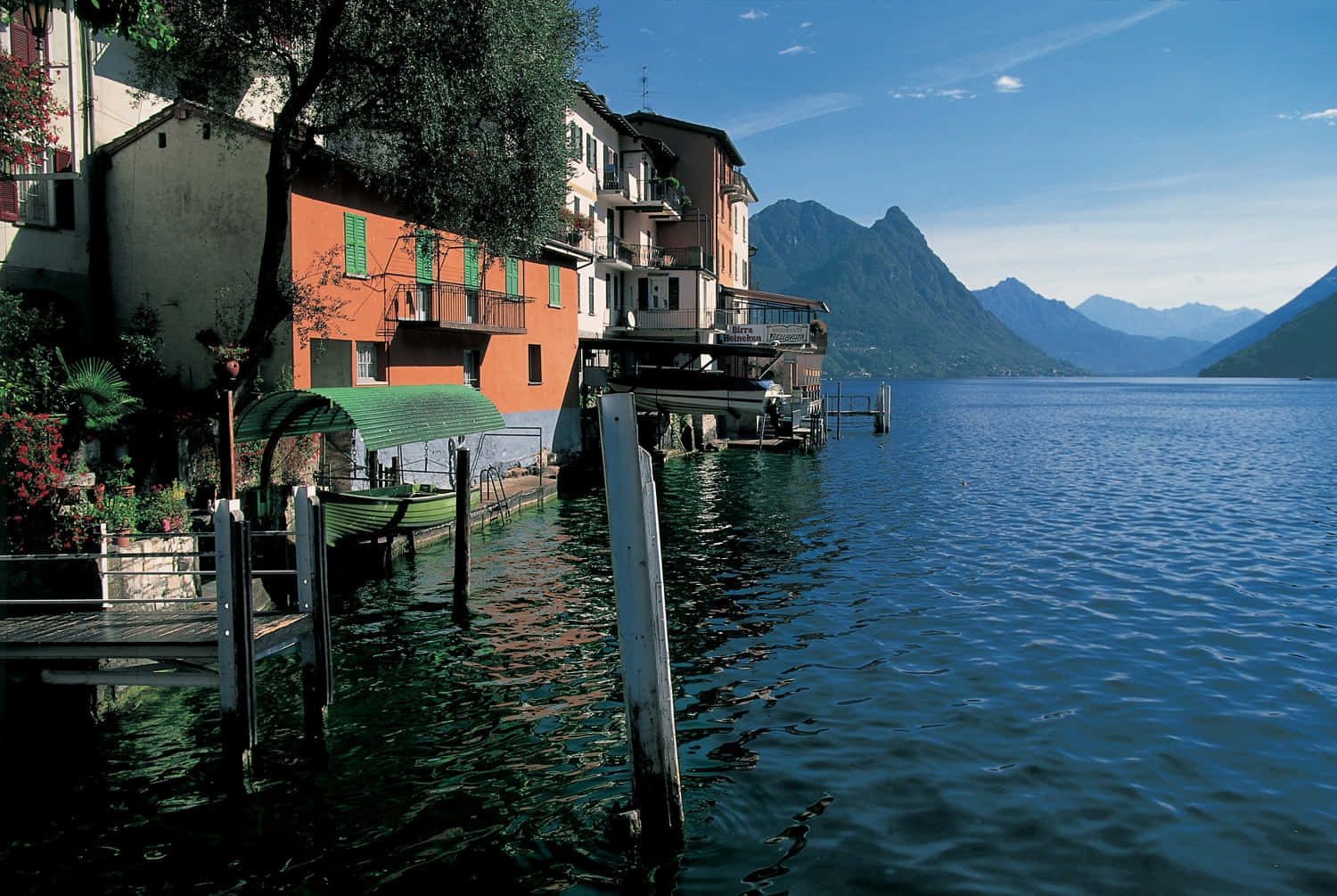 Lugano Lakefront Colorful Buildings Wallpaper