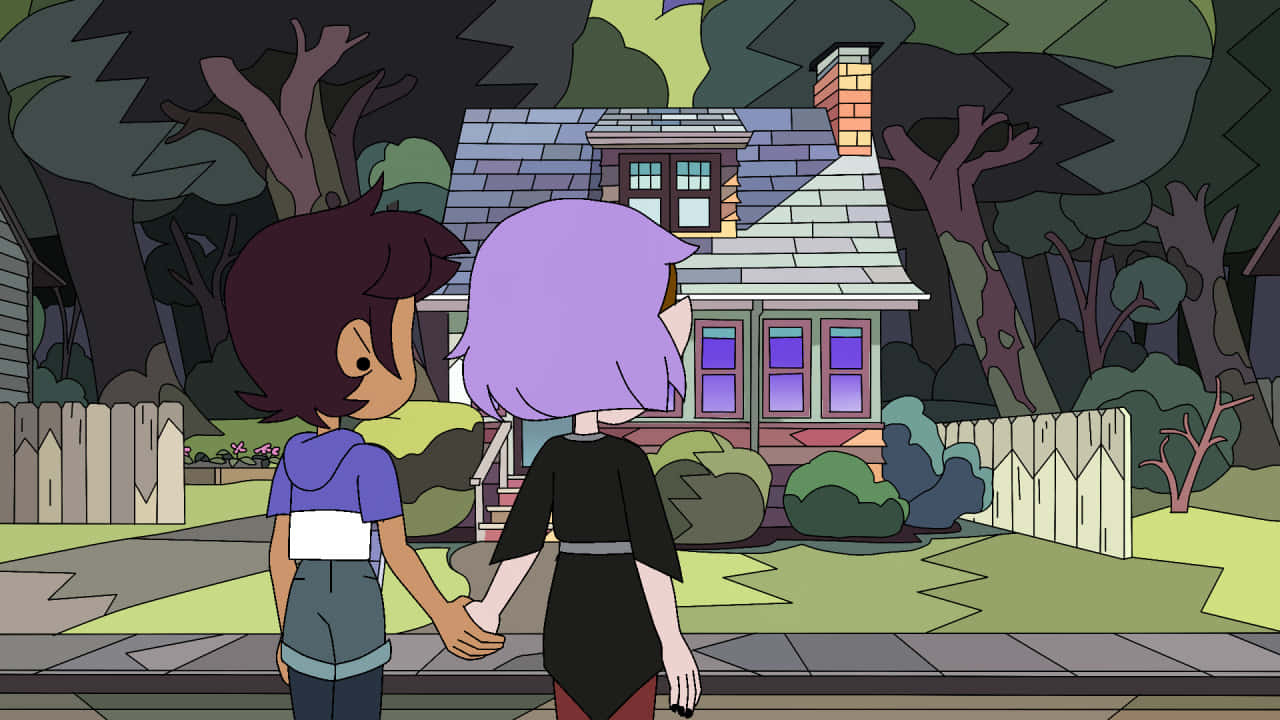 Lumity Holding Hands Before House Wallpaper