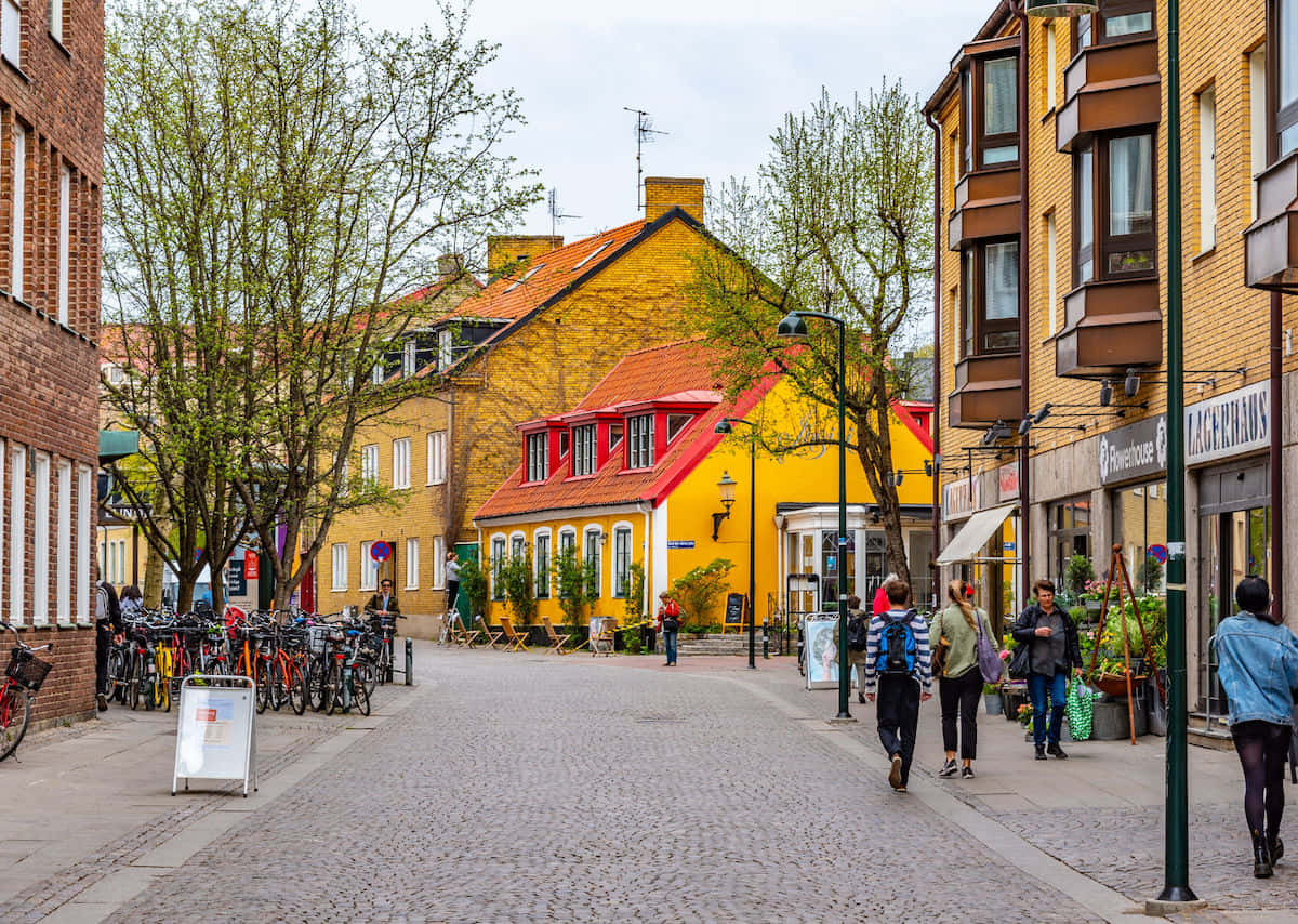 Lund Sweden Cobblestone Street Scene Wallpaper