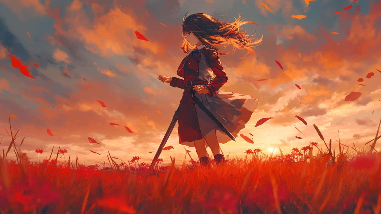 Lycoris Recoil Characterin Sunset Field Wallpaper