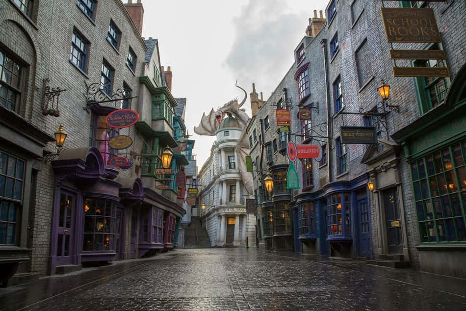 Magical Diagon Alley Bustling With Witches And Wizards Wallpaper