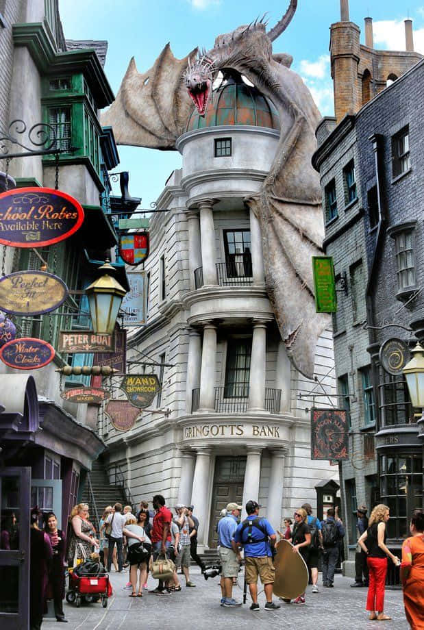 Magical Diagon Alley Bustling With Wizards And Witches Wallpaper