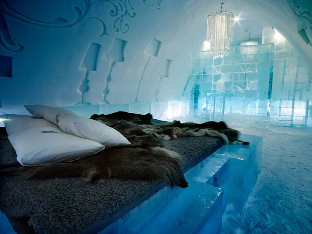 Magnificent Ice Hotel Suite With Intricate Carvings Wallpaper