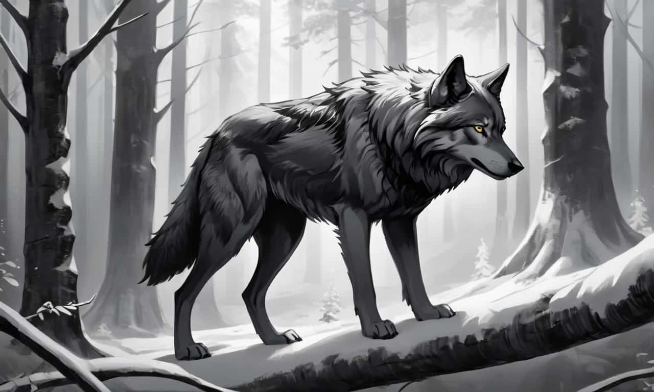 Majestic_ Anime_ Black_ Wolf_in_ Forest Wallpaper