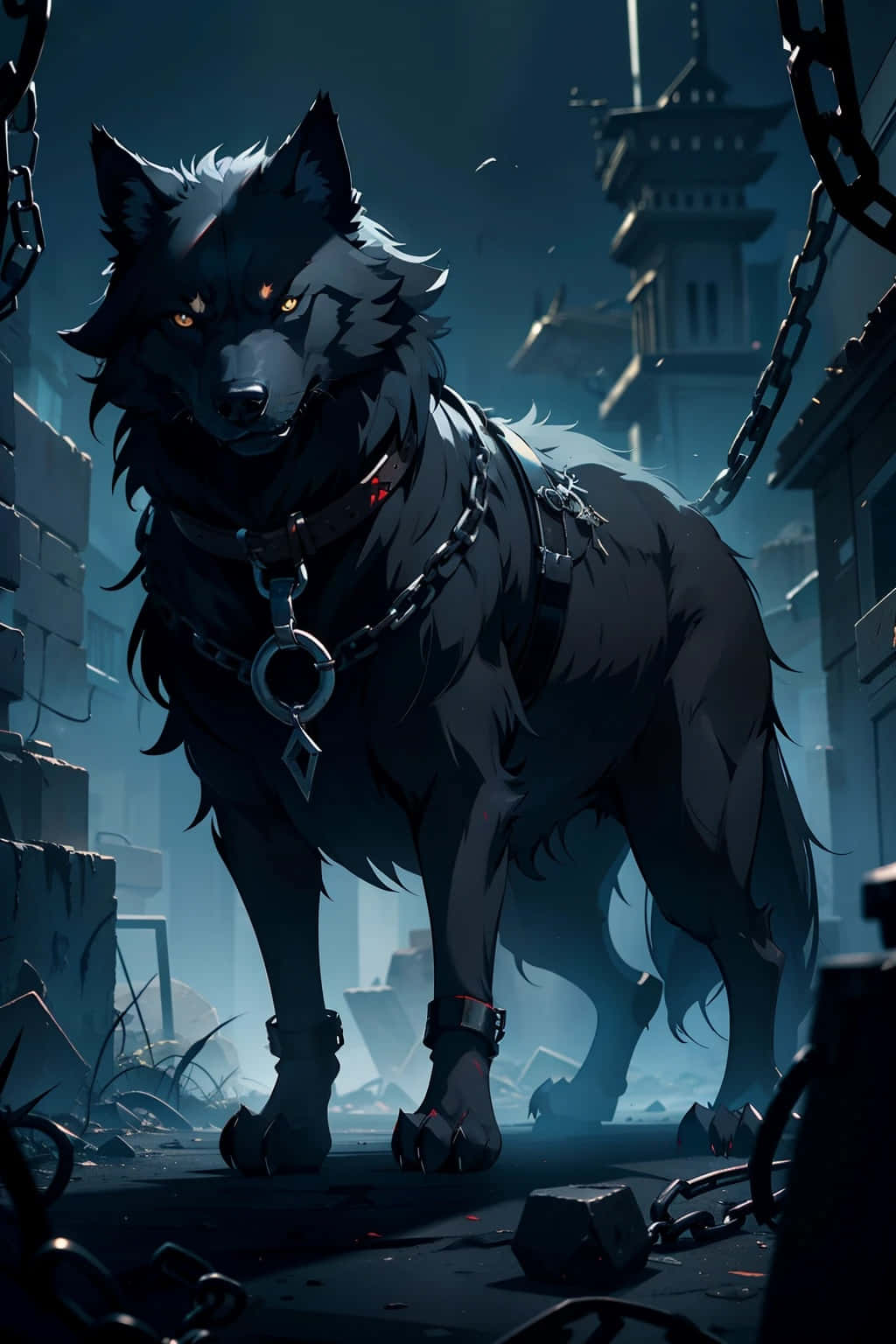 Majestic Black Wolfin Chains Anime Art Wallpaper