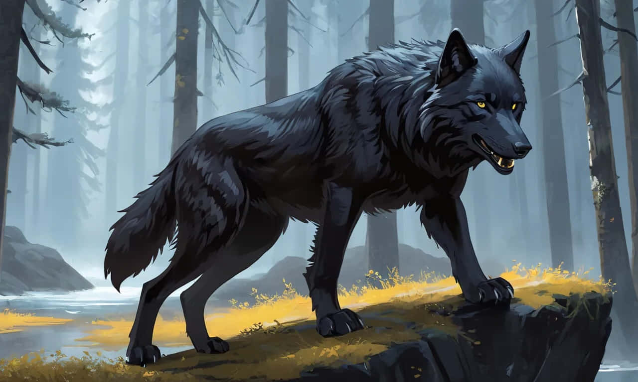 Majestic Black Wolfin Forest Wallpaper